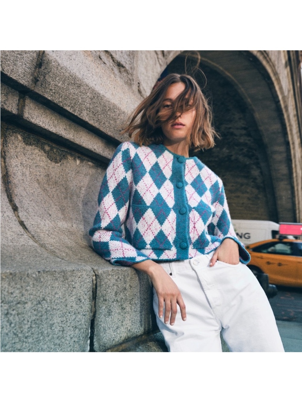 Zara Teal, White & Pink Argyle Cropped Cardigan